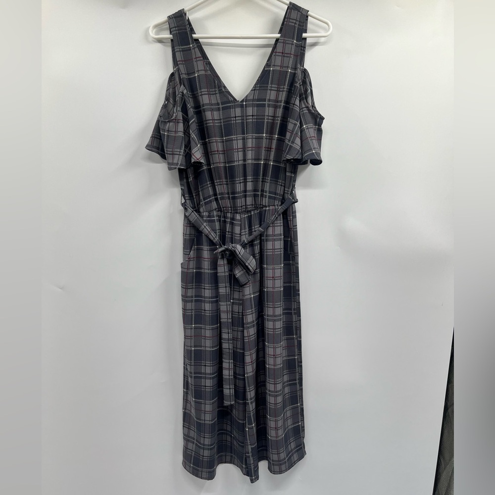 C Curve Womens Gray Plaid Cold Shoulder Zip Back Belt Flowy Jumpsuit Size S